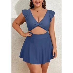 Women's Plus Size Swimsuit Tummy Control Swim dress Ruffle V Neck Cutout 5XL